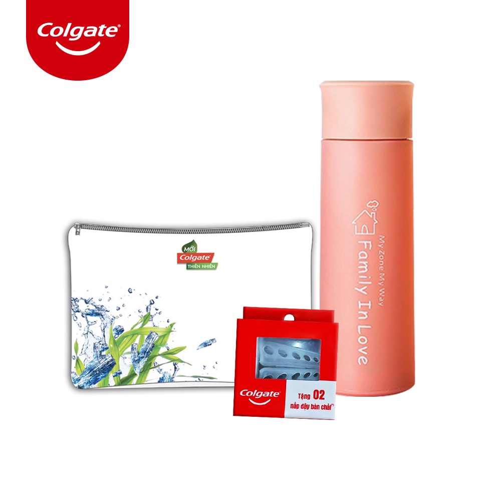 [HB gift] Combo quà tặng Colgate: Bình nước nhiều màu + túi cầm tay thiên nhiên + Hộp 2 nắp đậy bàn chải