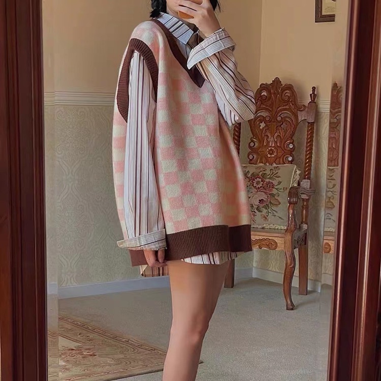 Áo len SUXI không tay cổ chữ V ht caro thời trang Hàn Quốc retro