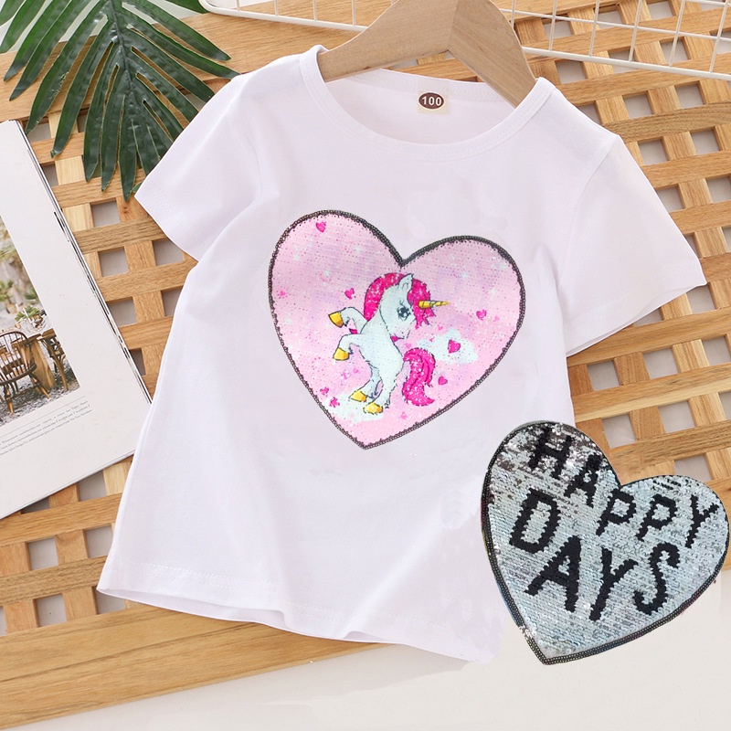 Áo thun 100% cotton in hình kỳ lân và trái tim mới 2021 cho bé 2-10 tuổi
