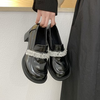 😍😍Retro Thời Gian Dày Gót Mary Jane Giày Nữ 2021 Phong Cách Anh Quốc Giày Da Nhỏ Pha Lê Loafers Ngón Chân To Búp Bê Giày