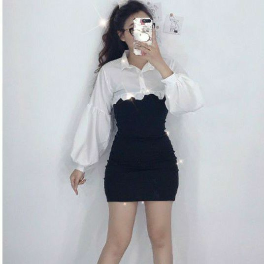 Sét áo sơ mi croptop bèo và đầm body Cao Cấp