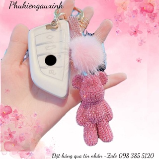 Móc khoá gấu popobe đính lông chồn kèm dây đính đá 7cm