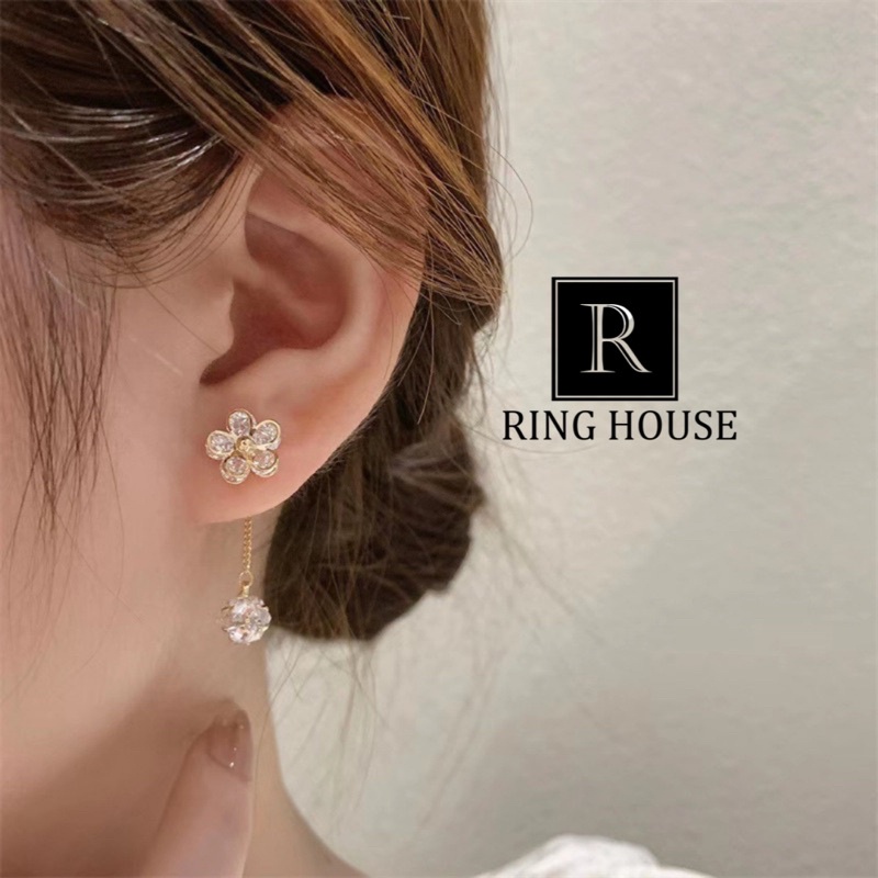 E10 Khuyên Tai Bông Tai Nữ Thiết Kế Hoa Dài Ring House
