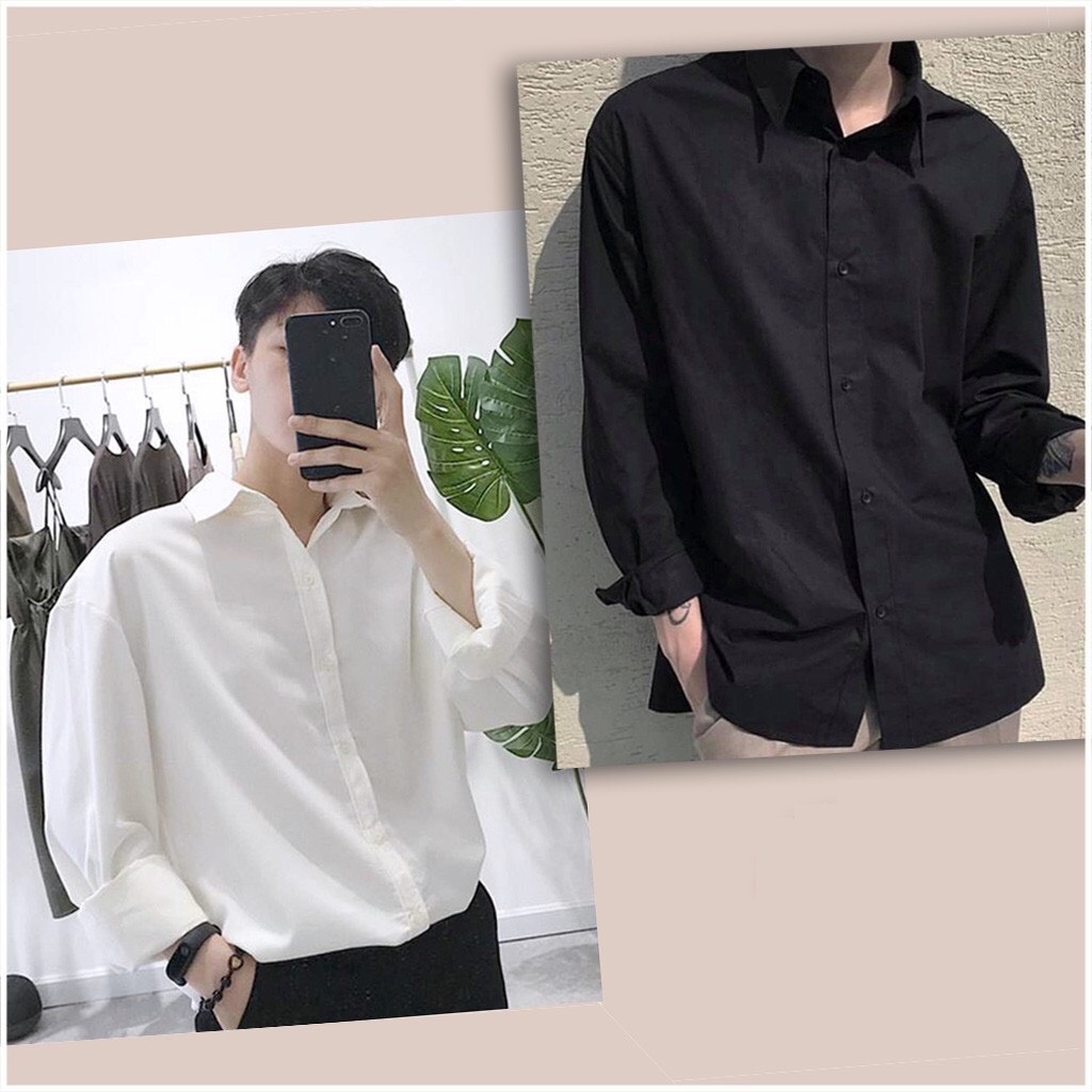 Áo sơ mi nam nữ dài tay 💥 UNISEX BASIC 💥 TRƠN Form rộng màu trắng và đen Chất cotton lụa mịn mát Bigsize