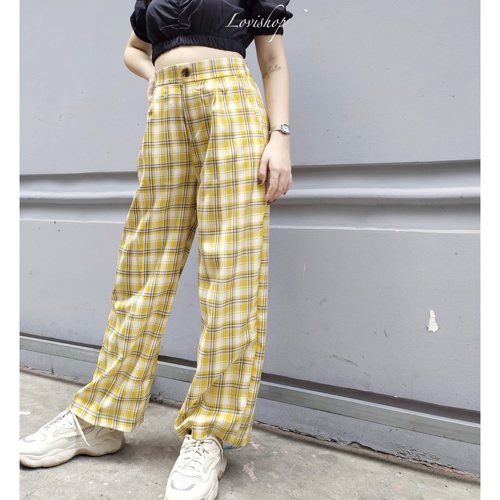 Quần caro dài lưng thun sau nút giả 2 túi Lovi