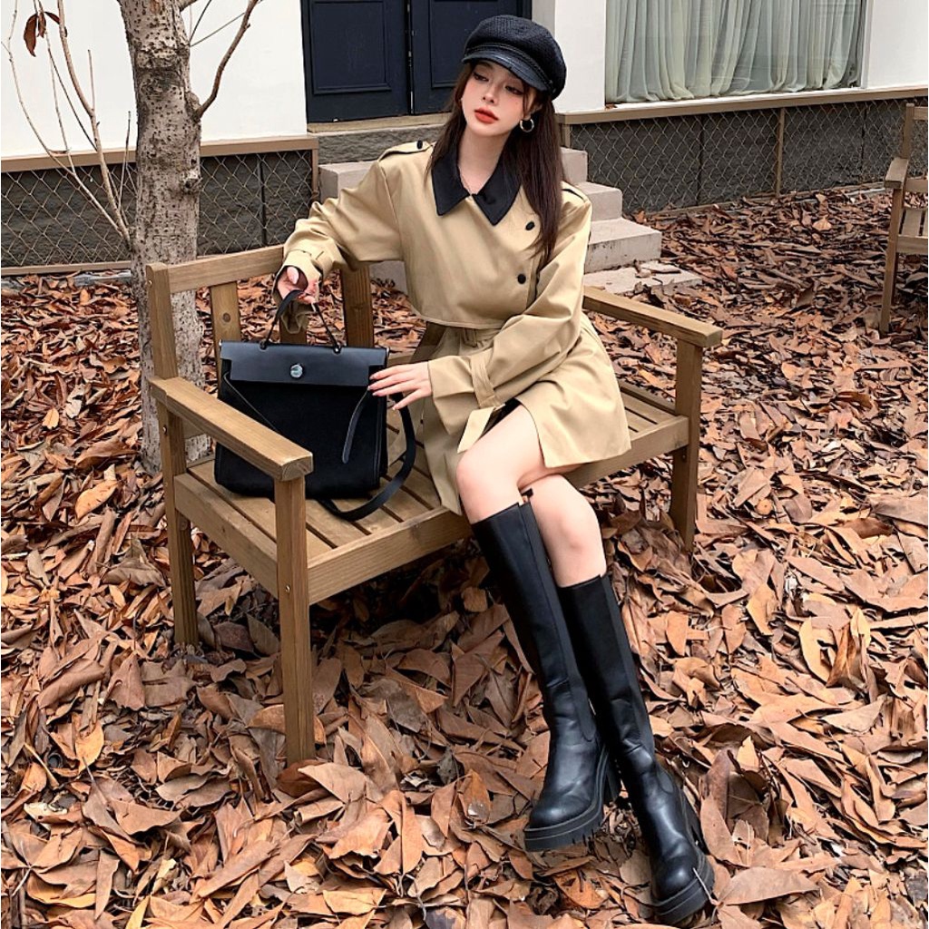 Áo khoác mangto dáng ngắn, áo măng tô nữ màu nâu dáng ngắn hàng order cao cấp Taobao nhà Oanhdilys