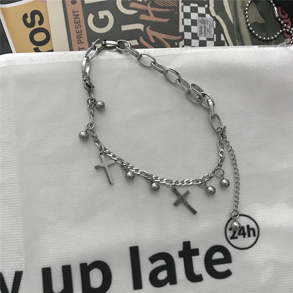 Vòng tay hai lớp bằng thép titan phối mặt hình thánh giá phong cách hip hop