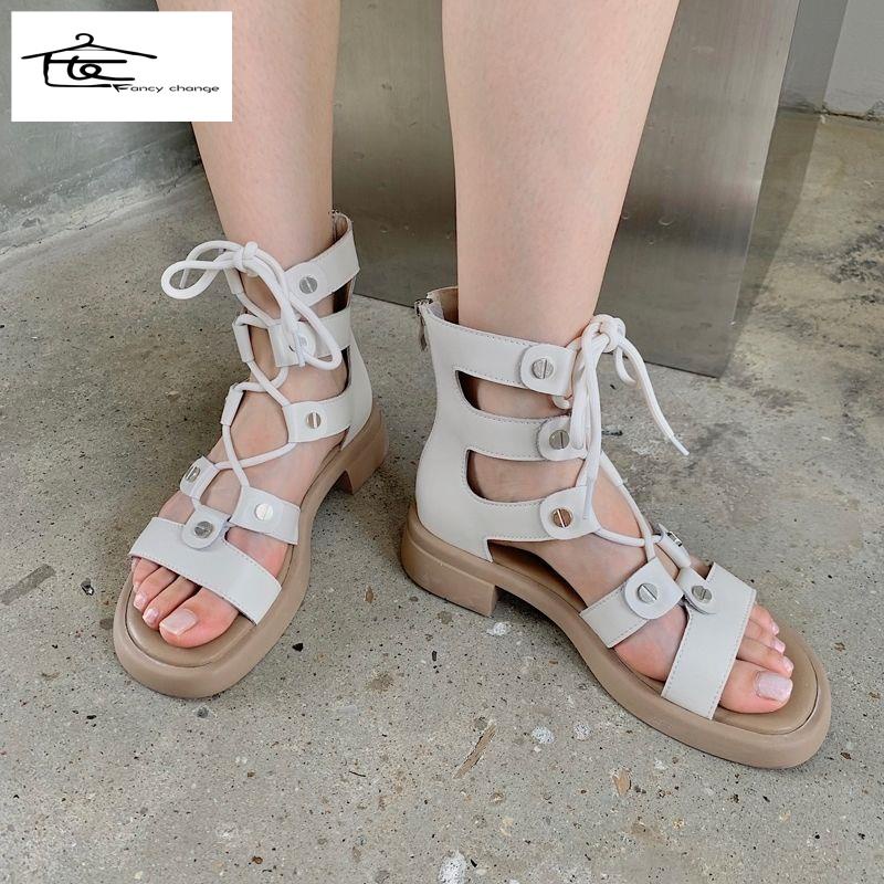 Giày Sandal Đế Bằng Dày Dặn Buộc Dây Phong Cách La Mã Hàng Mới Dành Cho Bạn Nữ 2022