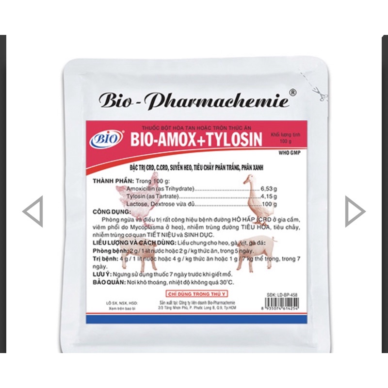 Bio Amox + Tylosine 100g , CRD, C.CRD, su.yễn heo, ti.êu ch.ảy ph.ân xanh, phân trắng