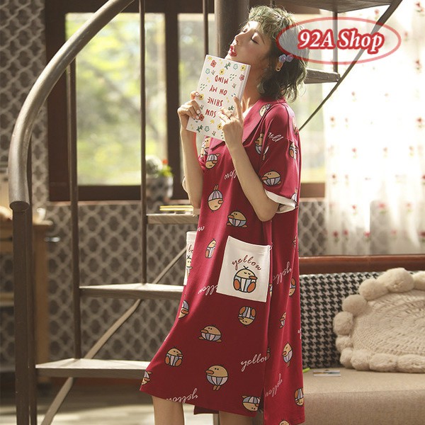 VÁY ĐẦM NGỦ COTTON VANG ĐỎ CÓ CỔ #03