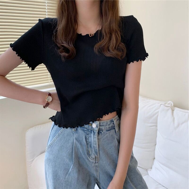 Áo thun dệt kim lụa băng tay ngắn vừa vặn viền nhún bèo thời trang cho nữ