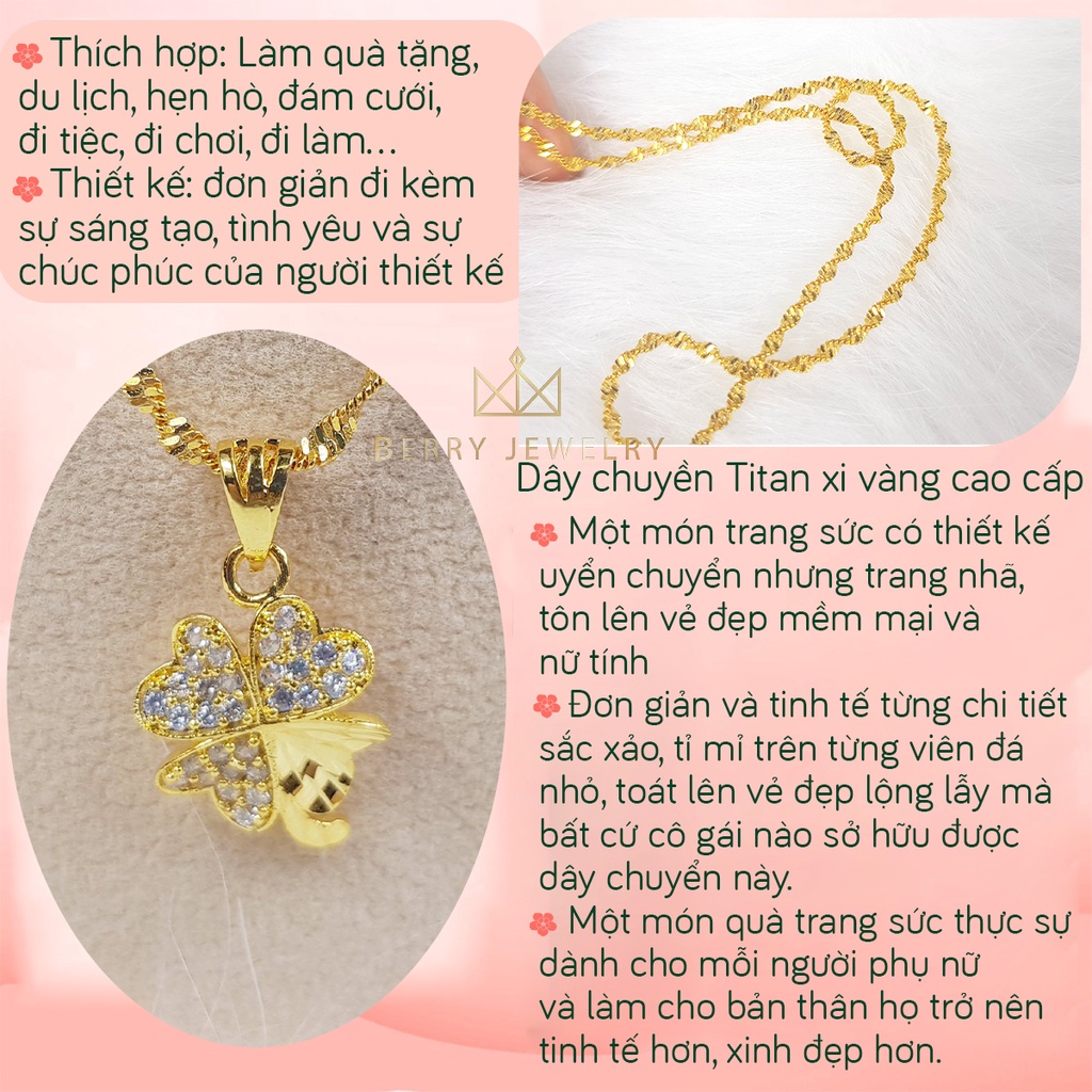 Dây Chuyền Nữ Kèm Mặt Cỏ 4 Lá May Mắn Đính Đá Lấp Lánh, Vòng Cổ Dây Xoắn Cao Cấp | Berry Jewelry B15M21V6