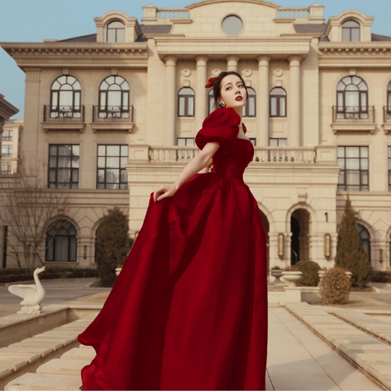 Váy đầm thiết kế chuẩn xịn taffeta maxi dáng dài xòe đi tiệc đám cưới wedding màu đỏ du lịch hotgirl tay bồng xòe 360