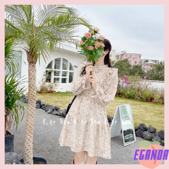 Đầm hoa nhí vintage cổ tròn, bèo ngực dài tay ( trắng - nâu)