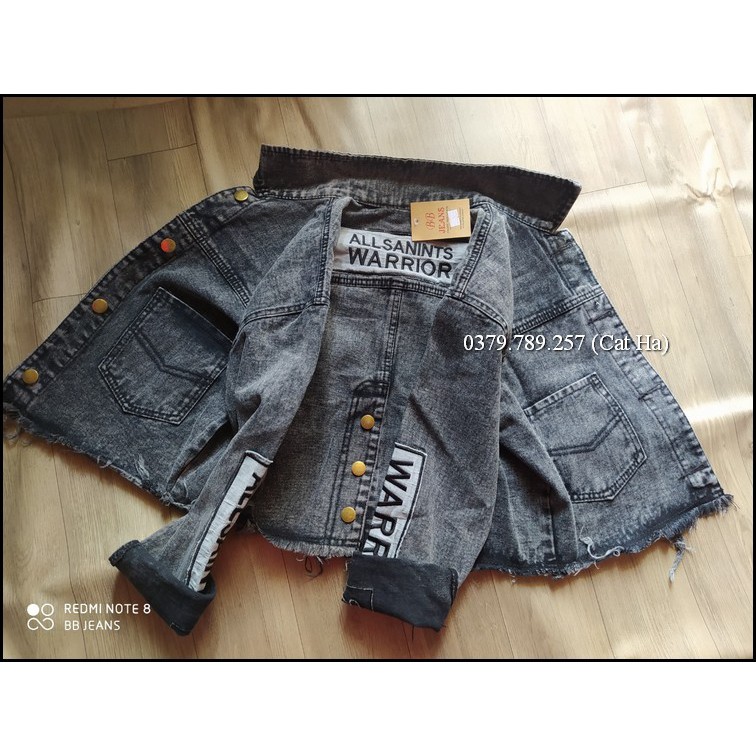 Aó khoác jean nữ xám xanh như hình form dưới 58Kg Warrior xanh BB19