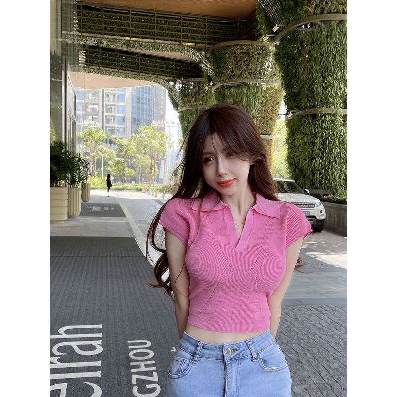 HUANG YOYO Áo Thun Dệt Kim Tay Ngắn Cổ POLO Màu Trơn Ôm Dáng Quyến Rũ Thời Trang Hàn Quốc Cho Nữ