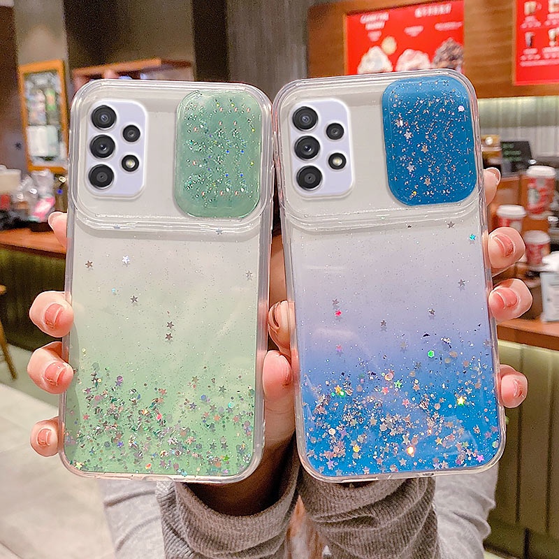 Ốp điện thoại chống sốc lấp lánh có cửa sổ camera trượt độc đáo cho Samsung Galaxy A52S 5G A52 A22 A72 A32 4G 5G