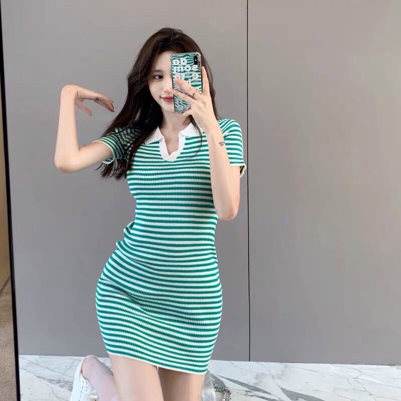 Đấm váy len body sọc kẻ ngang cổ polo