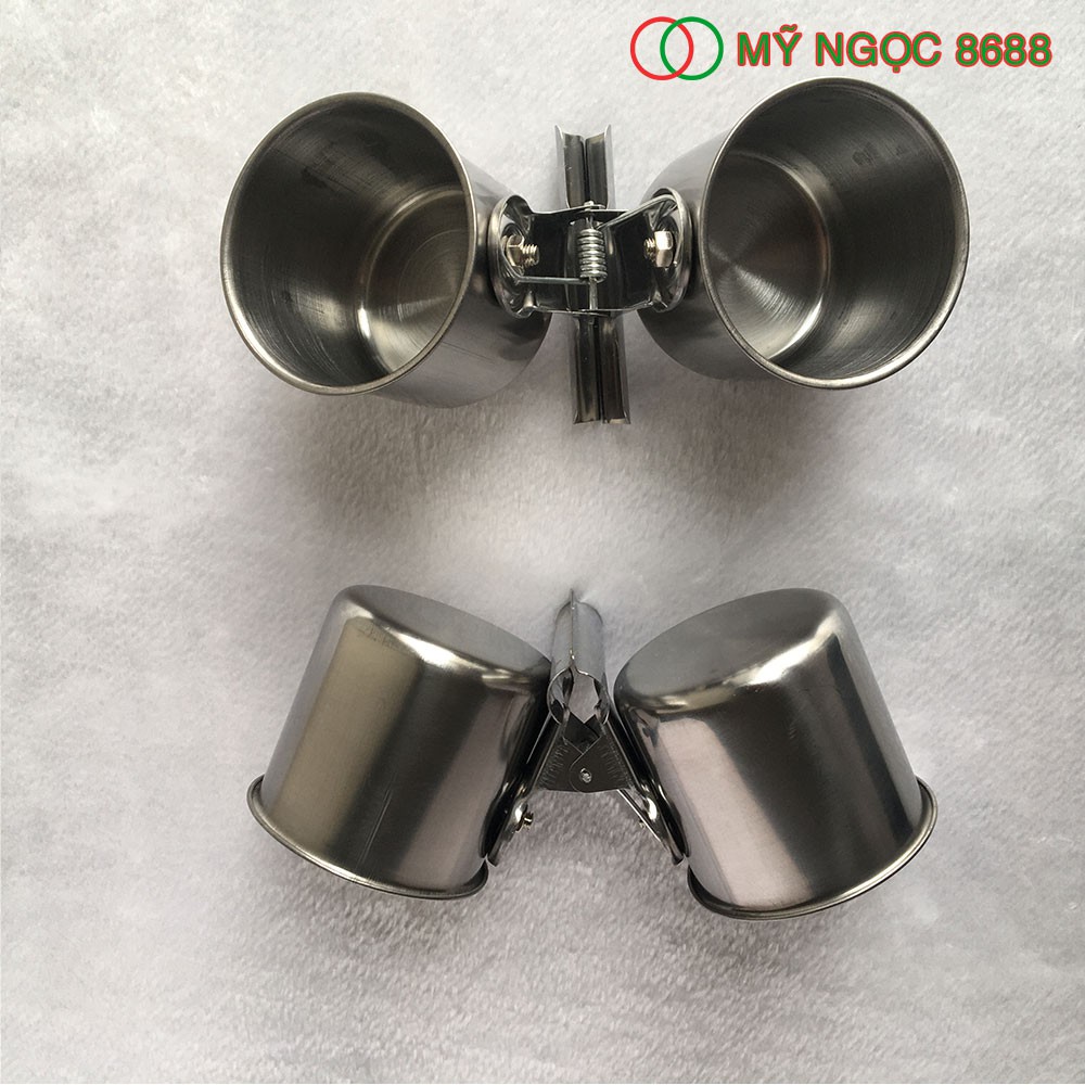 Cốc inox đôi, kẹp cầu đứng cho vẹt, yến phụng, chất liệu inox bền đẹp, không ghỉ