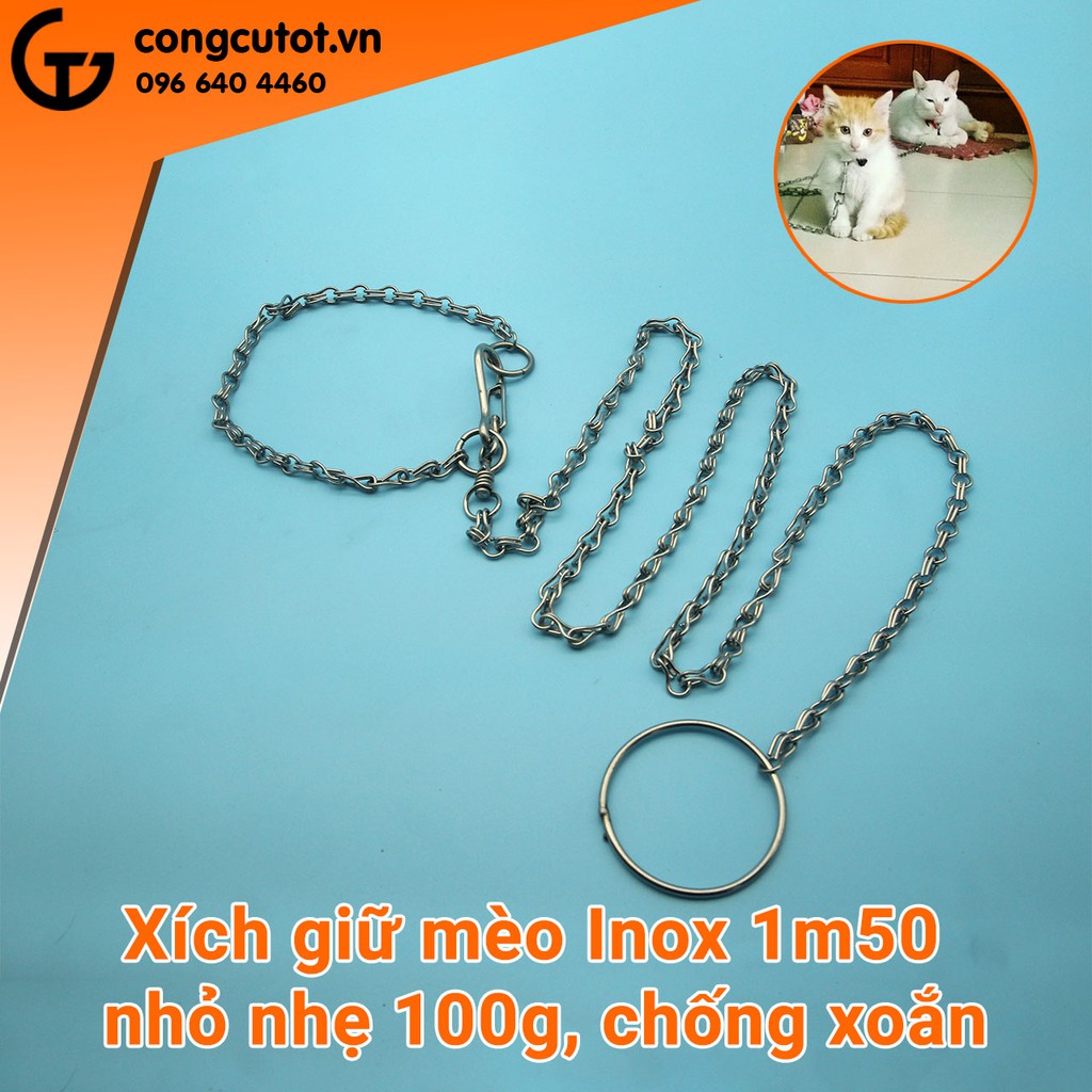 Xích giữ mèo Inox 1m50 nhỏ nhẹ 100g, chống xoắn, có thể tháo thành xích ngắn