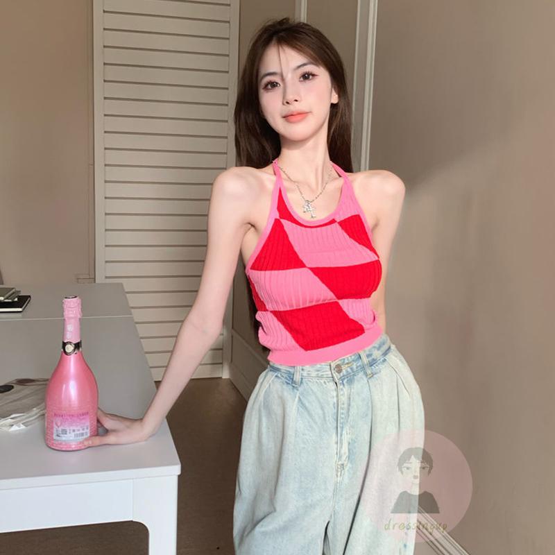Áo Tank Top Dệt Kim Sát Nách Cổ Yếm In Họa Tiết Hình Thoi Màu Đen / Hồng Nhạt / Hồng Nhạt Cho Nữ