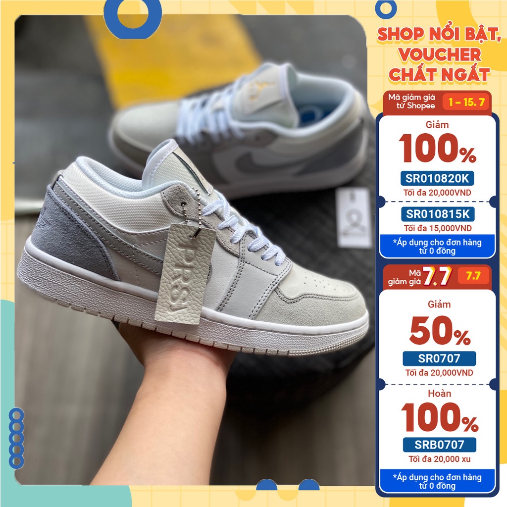 Giày 𝐉𝐨𝐫𝐝𝐚𝐧 1 low paris màu xám gót xanh nam nữ, Giày sneaker JD 1 paris cổ thấp bản đẹp 2021 Full Box