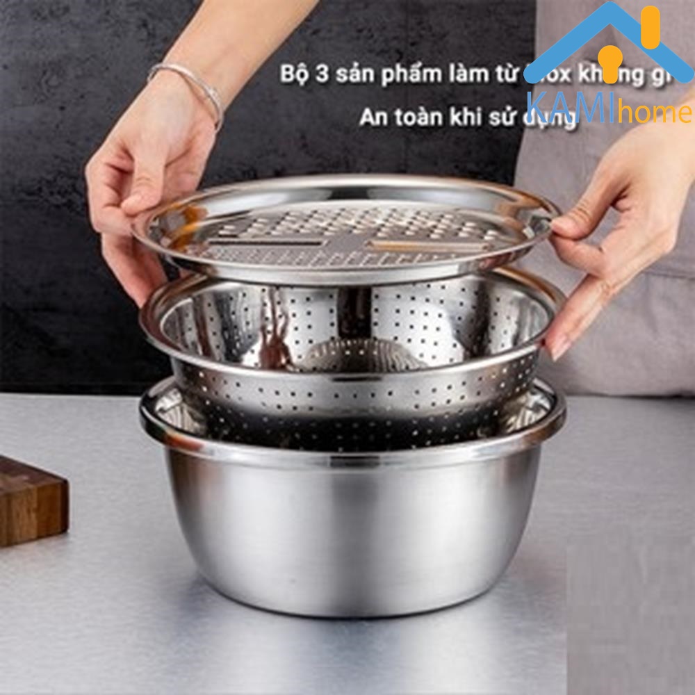 Bộ bát Inox đa năng gồm: Bàn nạo 4 kiểu + Rổ thưa + Thố đựng thực phẩm KM20076