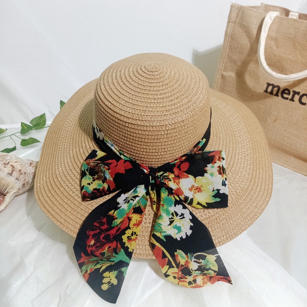 Nón cói/mũ cói nữ đi biển vành rộng phối nơ voan to sang chảnh hình chụp thật-vành rộng nơ voan