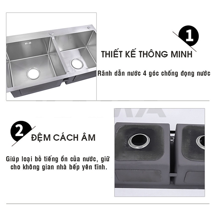 Chậu Rửa Bát Chén Inox 304 Pimisi Đúc 2 Ngăn Cân 78x43 - 82x45, Đủ Phụ Kiện Gắn Được Cả Âm - Dương Đá Bếp | Chính Hãng