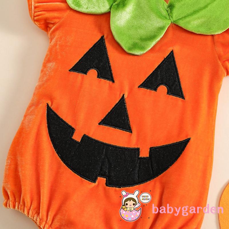 Bộ Áo Liền Quần Tay Ngắn In Hoạt Hình Bí Ngô + Mũ Thời Trang Xuân Hè Cho Bé Từ 0-24 Tháng Tuổi