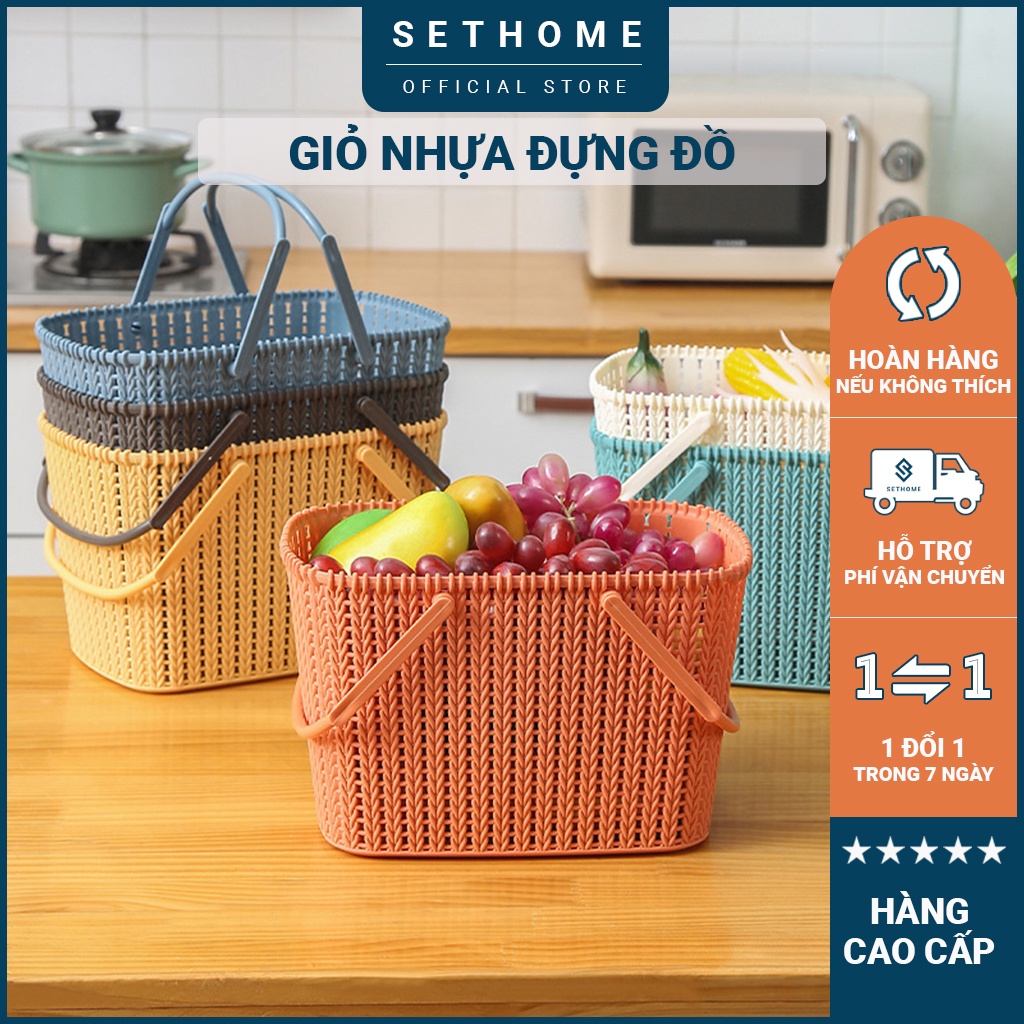 Giỏ nhựa đựng đồ Sethome đựng hoa quả trái cây đồ khô bánh kẹo chai lọ sữa tắm dầu gội đầu có tay cầm chắc chắn