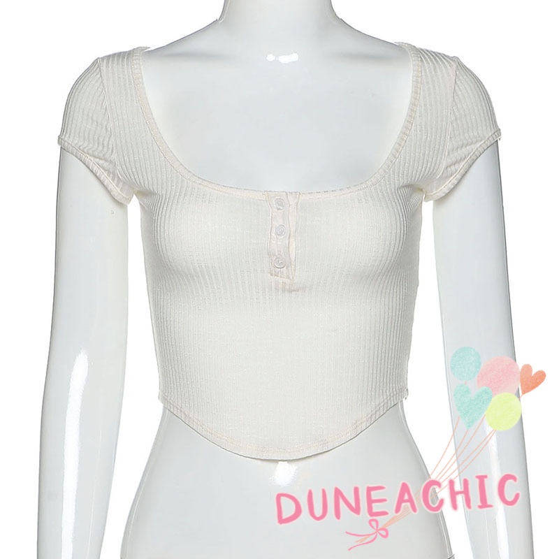 DUNEA Áo Thun Lửng Tay Ngắn Cổ Chữ U Màu Sắc Đơn Giản Cho Nữ