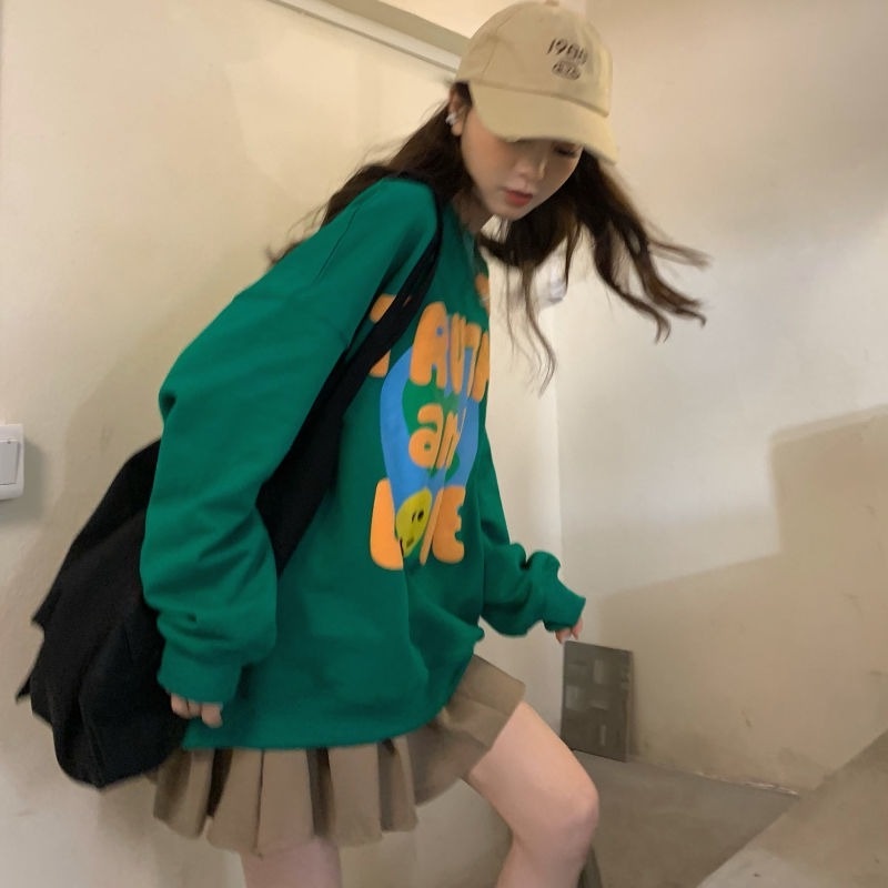 Áo khoác nhung dày dáng rộng in chữ thời trang thu đông cho nữ