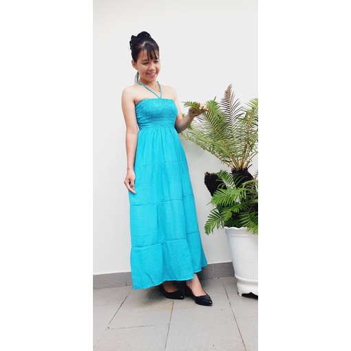[47-60ky]Đầm maxi xoè ráp tầng đầm chạy thun quanh eo tôn dáng vải xô gân có lót