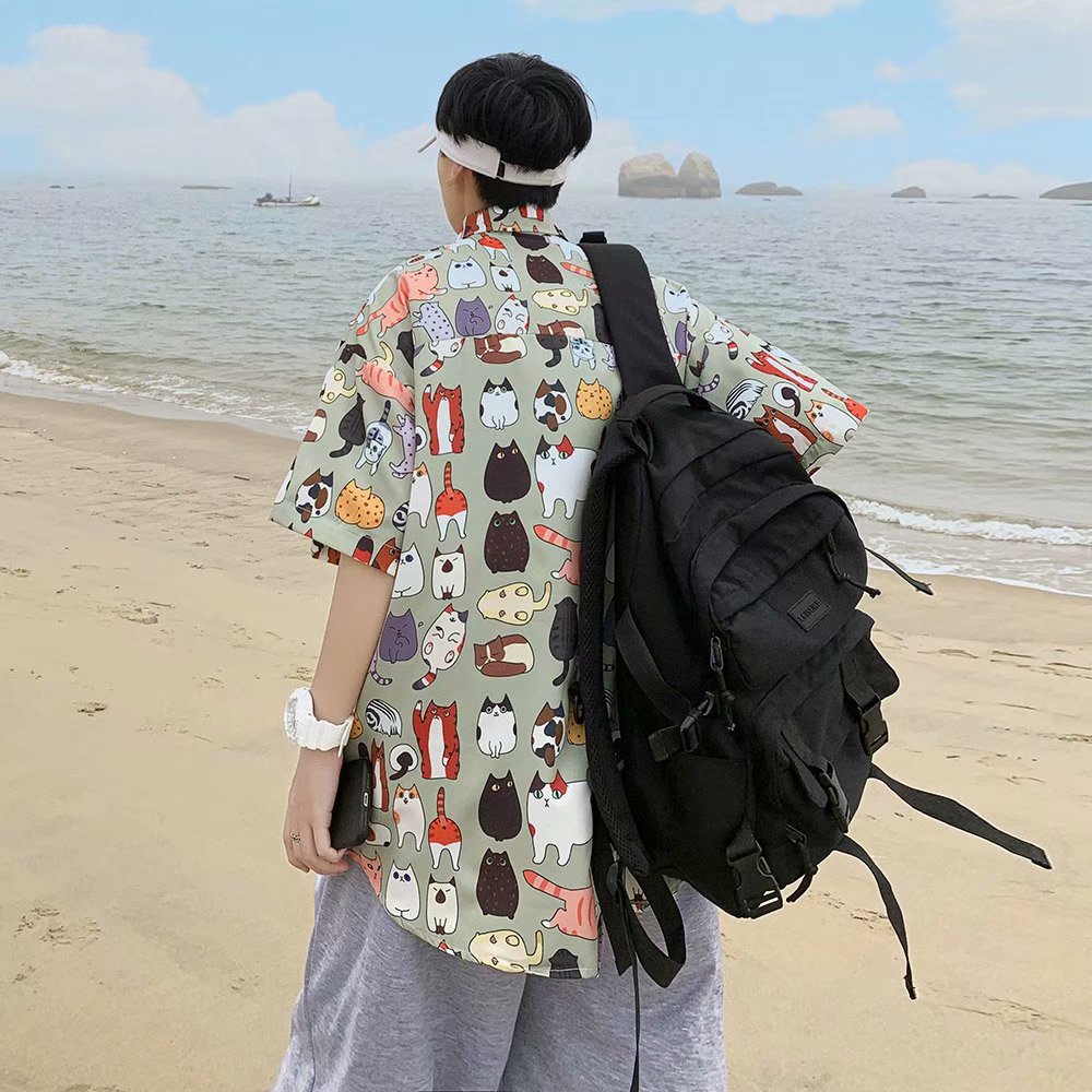 Áo Sơ Mi Ngắn Tay In Hình Mèo Ngộ Nghĩnh Thời Trang Nam