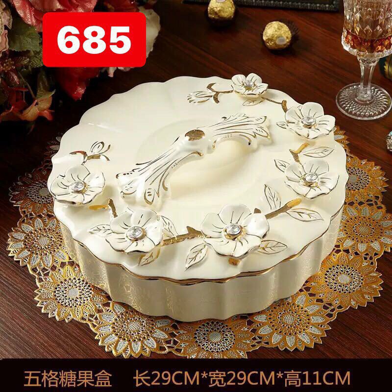 Khay bánh mứt sứ họa tiết mai vàng tài lộc đắp nổi, đựng bánh kẹo trái cây, quà tặng cao cấp