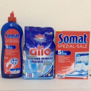 Combo bột rửa bát Alio + muối rửa bát  Somat 1.2 và nước làm bóng
