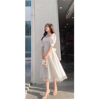 Đầm công chúa phối nơ to cổ vuông tay phồng (Thời trang Vicky G) HN44-08