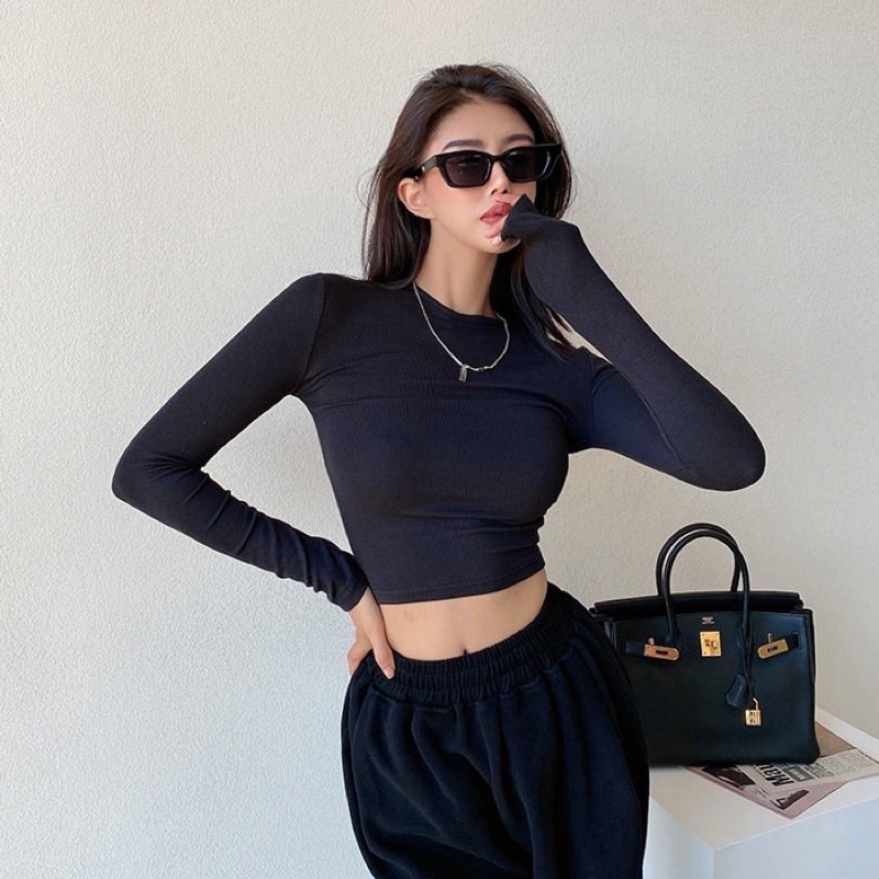 Áo croptop tay dài nữ , chất thun lụa mát dưới 52kg co dãn tốt from body HUYNE Denim