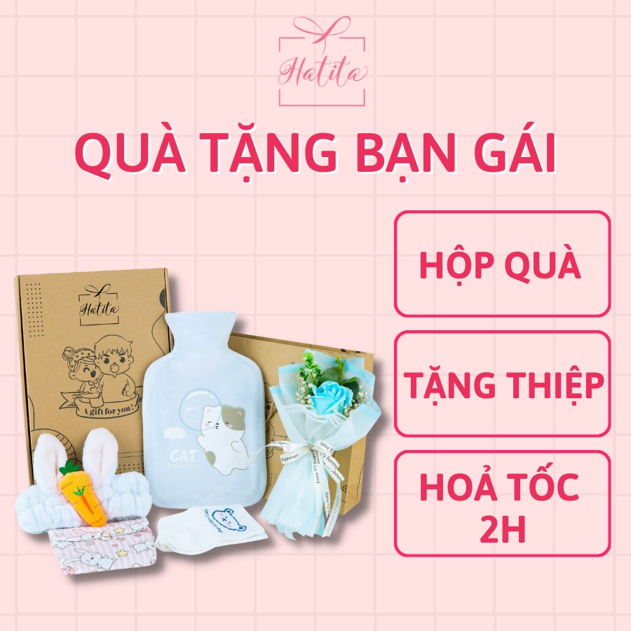 Túi chườm nóng đau bụng kinh Hatita Blue Cat Blow 1000ml sưởi ấm giữ nhiệt giảm đau bụng Quà tặng bạn gái, 20-10, 8-3