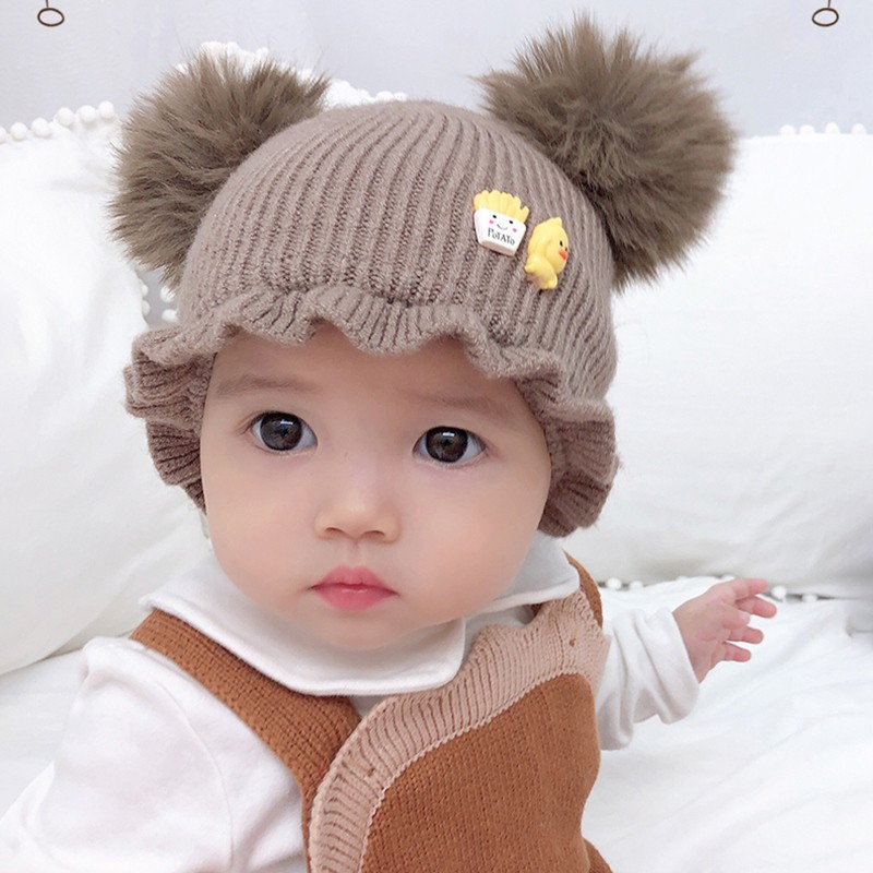 Mũ len trùm đầu phối banh lông đáng yêu dễ thương cho bé