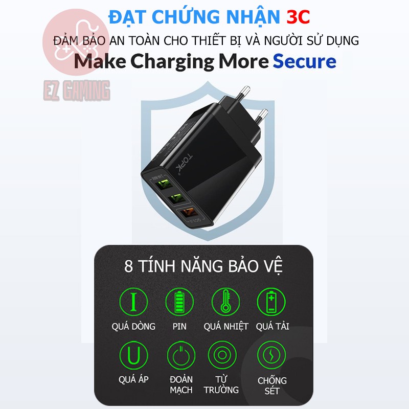[Free ship] Củ Sạc Nhanh TOPK QC 3.0 (Quick Charge 3.0) - 3 Cổng USB - Tiêu Chuẩn Châu Âu