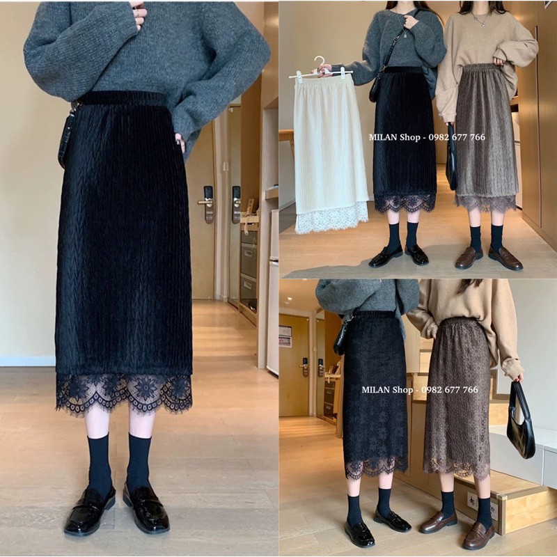 Chân váy nhung phối ren mặc được 2 mặt