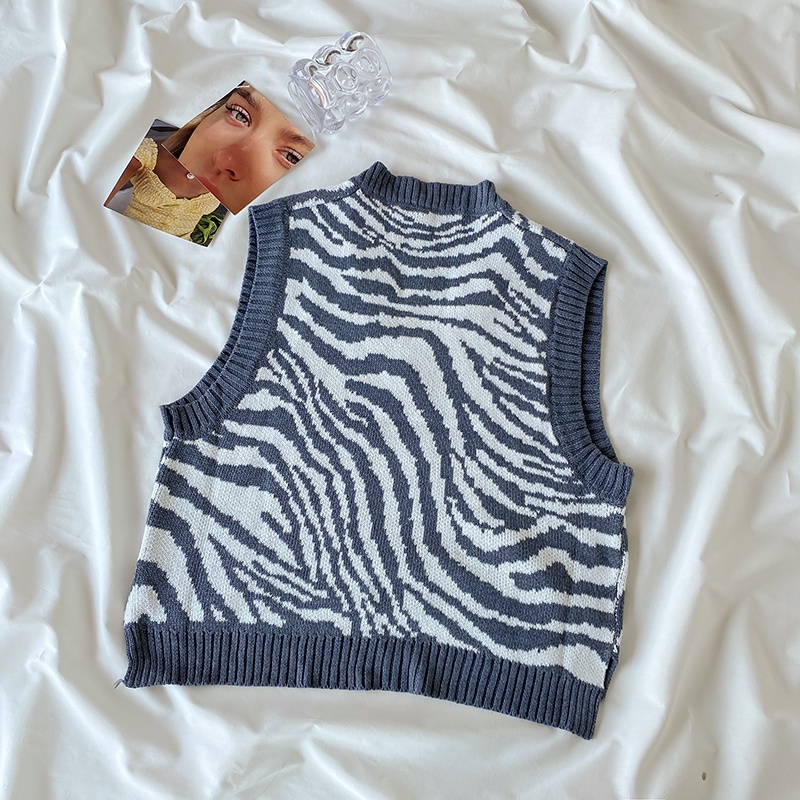 Áo dệt kim sát nách dáng rộng họa tiết ngựa vằn thời trang mùa thu