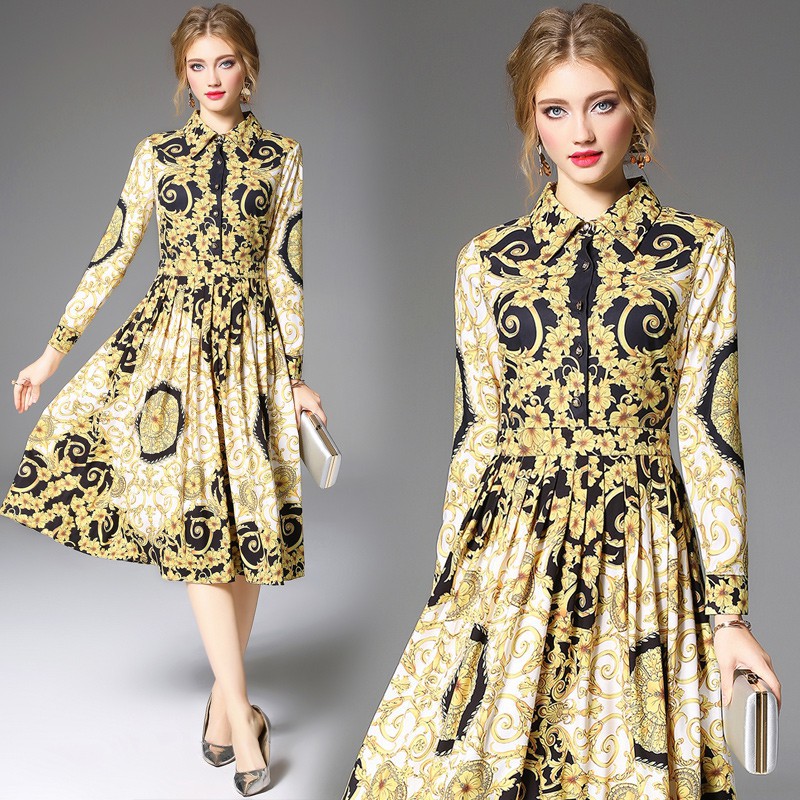 Women's Fashion High Quality Printed Long Baroque Floral Pleats Midi Party Dress