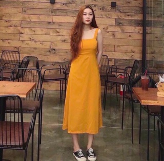 Đầm maxi, váy hai dây màu vàng nghệ nơ sau (kèm hình thật)
