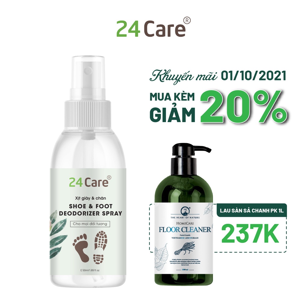 Xịt khử mùi giày và chân 24Care 50ml/100ml-lưu hương, sạch khuẩn chiết xuất tinh dầu thảo mộc