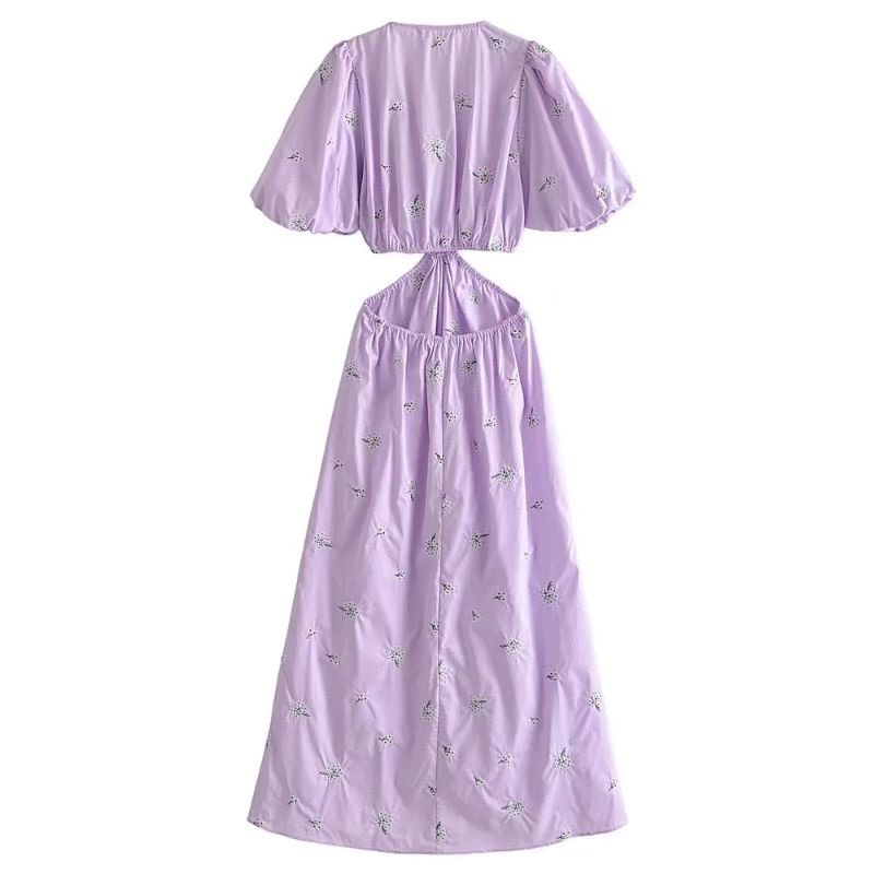 ĐẦM DÀI THÊU HOA KHOÉT EO TAY BỒNG NGẮN HÀNG XUẤT XỊN ZR TÍM THÊU HOA