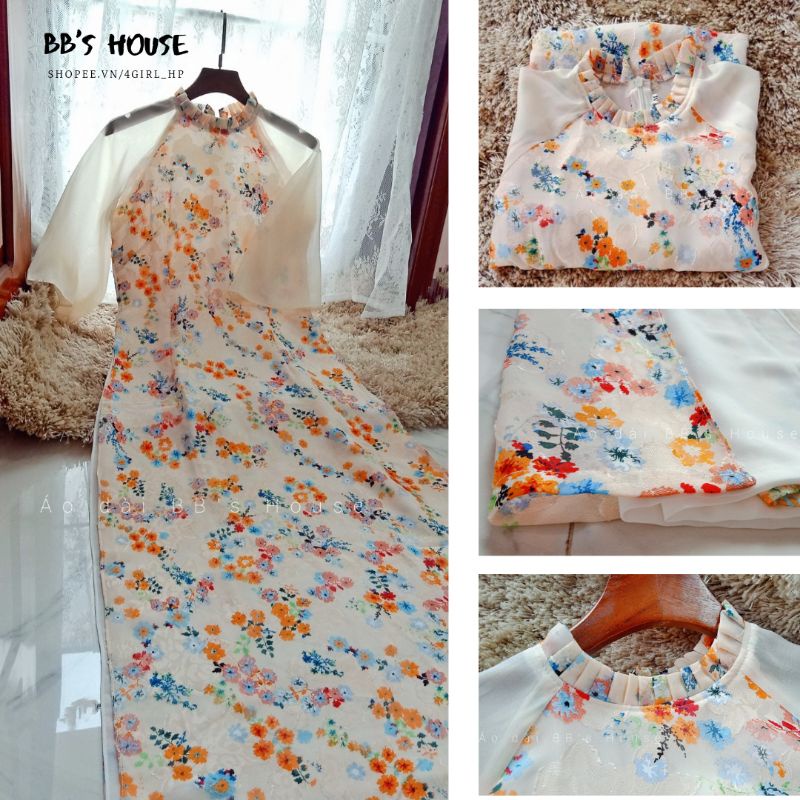 Áo dài 4 tà hoa nhí cổ xếp, tay cách điệu mặc TẾT,  dự tiệc sang chảnh