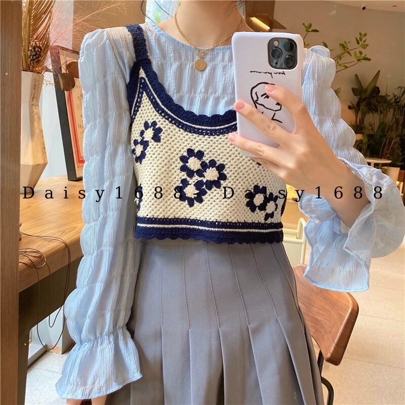 Có sẵn- Áo 2 dây Gile mặc ngoài sơ mi/ váy chất len móc Vintage